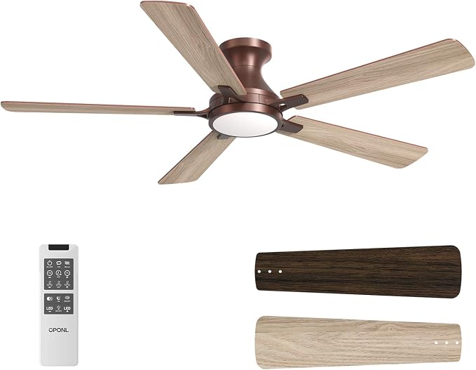 OPONL Ceiling Fan with Light, 52 inch Low Profile Ceiling fan with Light and Remote Control, Reversible, 6CCT, Dimmable, Noiseless, Brown Ceiling Fan for Bedroom, Indoor/Outdoor Use, Modern