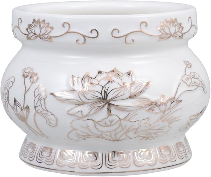 HANABASS Ceramic Incense Burner with Lotus Flower Relief 3.7 Inch - White and Gold Incense Holder for Home Altar Meditation Yoga Zen Buddhist D Cor