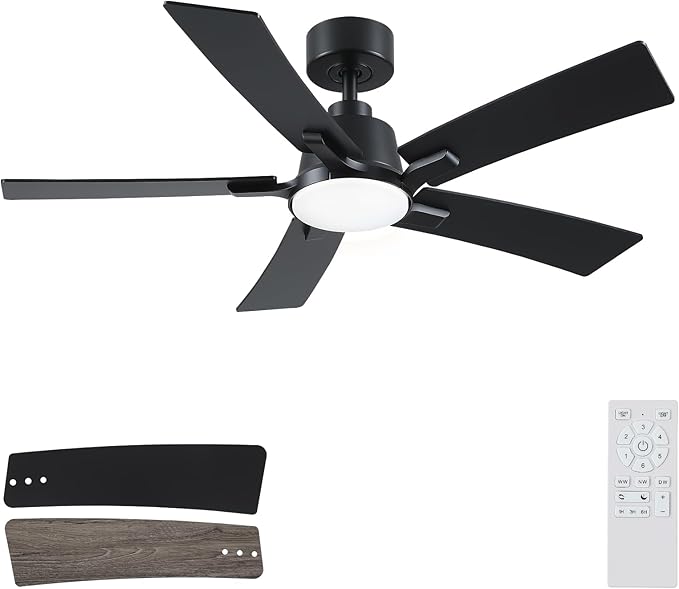 46 Inch Balck Downrod Ceiling Fans with Lights and Remote | 3CCT Dimmable LED, 6 Speed, Quiet DC Motor, 3-Level Timer Function, Forward/Reserve For all Seasons, Indoor/Covered Outdoor