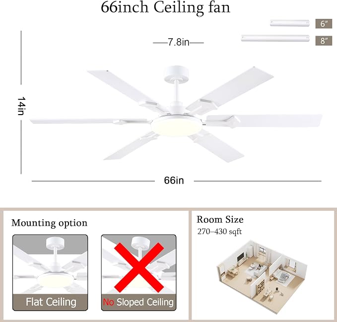NKPU 66 Inch White Ceiling Fans with Lights, Modern Large Ceiling Fan with Remote & APP Control, Reversible DC Motor, 6 Double-Sided Blades, 6 Speeds, Silent, Timer, for Living Room Indoor Outdoor