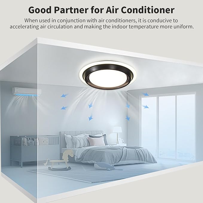 AHAWILL Low Profile Ceiling Fan with Light,19.29in Bladeless Ceiling Fan with Remote Control,Enclosed Flush Mount Fandelier,6 Wind Speed,Dimmable LED,Black,for Bedroom Dining Room