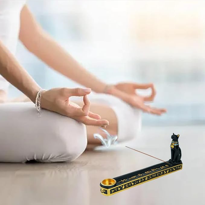 OwMell Egyptian Incense Holder for Sticks, Egyptian Cone Incense Burner with Ash Catcher, Incense Tray for Sticks 10" - Egyptian Cat