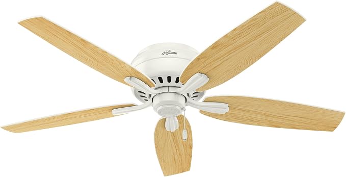 Hunter 52 inch Indoor Ceiling Fan with LED Light - White Ceiling Fan with Pull Chain, For Bedroom or Living Room, Low Profile Flush Mount, No Remote, 5 Blades - Newsome 53313, Fresh White