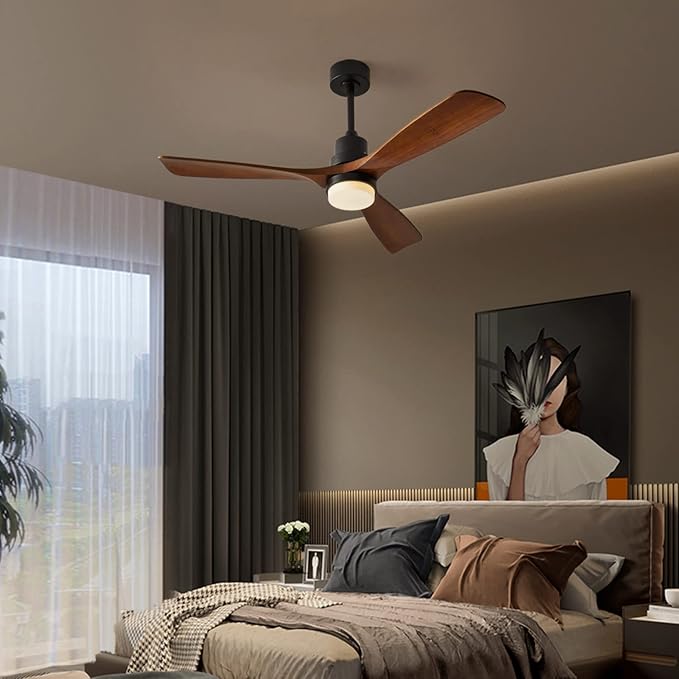 Ceiling Fans with Lights, 60" Wood Ceiling Fan with Remote Control, 3 Walnut Fan Blades Reversible Quiet DC Motor 6 Speeds Timing Farmhouse Ceiling Fan for Bedroom/Living Room/Study/Porch