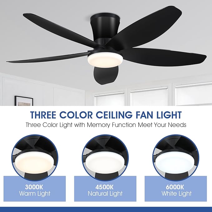 Surtime 42" Ceiling Fans with Lights-Low Profile Ceiling Fan with Light and Remote Control,Flush Mount,DC Reversible,LED Dimmable Blakc Ceiling Fans for Bedroom,Indoor/Outdoor Patio Use