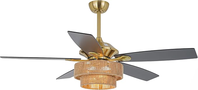 52" Farmhouse Ceiling Fan with Light and Remote Control, Boho Ceiling Fans with 6-Speed Reversible Motor, Timing Function, 5 Dual Finish Blades for Living Room, Bedroom, Patio