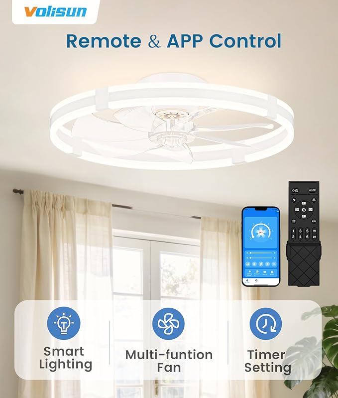VOLISUN Ceiling Fans with Lights and Remote, 23.6in Low Profile Ceiling Fans with Light, 3000K-6500K Dimmable Fandelier Ceiling Fan, White Flush Mount Ceiling Fan for Bedroom