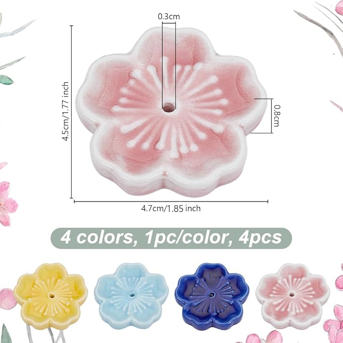 OLYCRAFT 4pcs Cherry Blossom Ceramic Incense Stick Holder 1.8x1.9 Inch Porcelain Sakura Incense Holder 8mm Thick Japanese Flower Incense Stick Tray Incense Burner Holder for Home Desktop Decor-4 Color