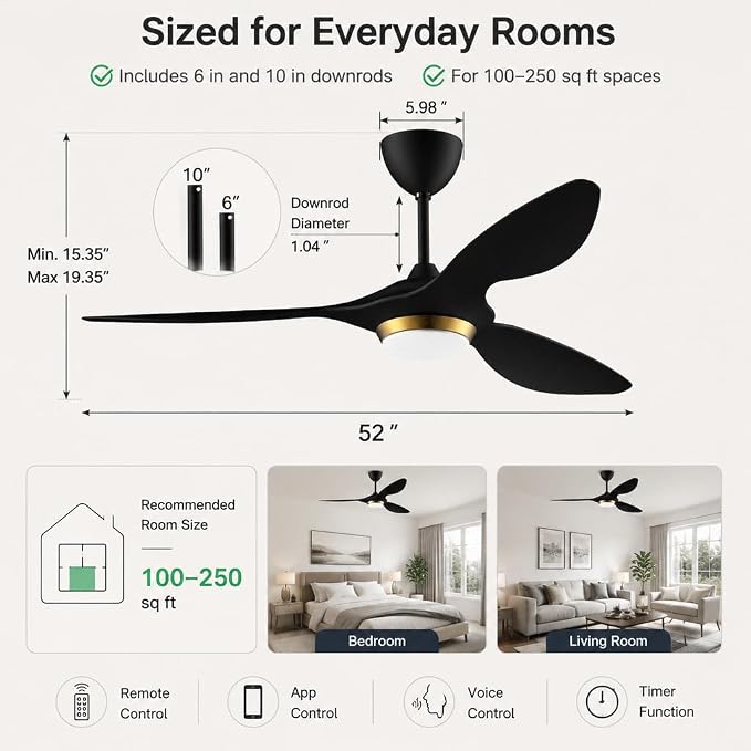 reiga 52 Inch Black Modern Ceiling Fans with Lights and Remote Control, Smart WiFi 3 Blades Quiet DC Motor for Living Room Bedroom Patio Garage, ETL Listed