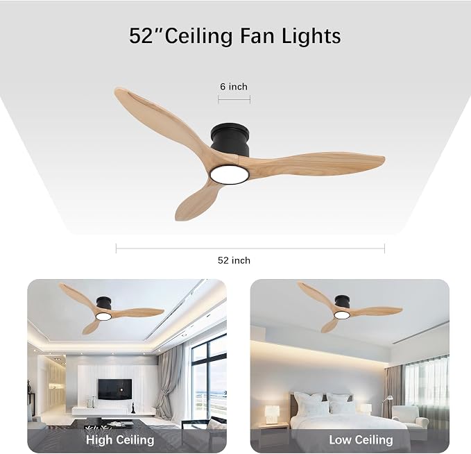 Ceiling Fans with Lights Remote 52inch Solid Amber Color Wood Fan Timing 6 Speeds Silent Reversible DC Motor 3CCT LED Light with Memory Lighting Function Indoor Outdoor Fan Farmhouse Bedroom