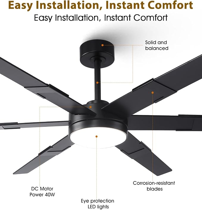 60 Inch Ceiling Fans with Lights and Remote, Modern Large Black Ceiling Fan for Indoor or Covered Outdoor, 3CCT,Reversible DC Motor Dual-Sided Blades High CFM Ceiling Fan for Living Room Garage