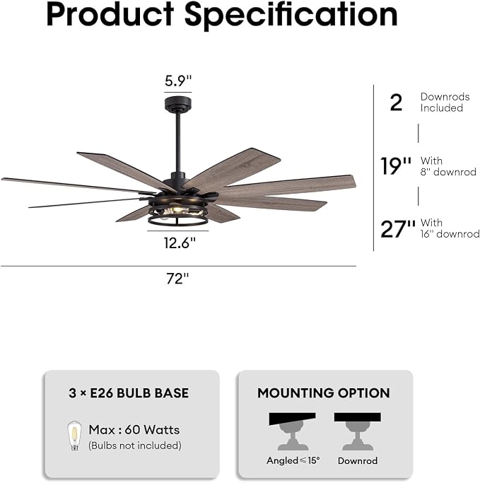LuminFan 72 inch Large Ceiling Fans with Lights and Remote, Black Modern Ceiling Fan for Living Room, Patios, 6 Speed Reversible Quiet DC Motor, 8 Blades, Easy to Install