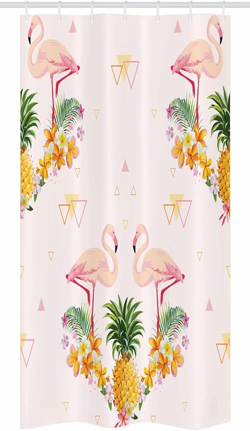 Ambesonne Flamingo Stall Shower Curtain, Floral Bird Motifs with Pineapple Hawaiian Flowers Bananas Triangles Retro, Fabric Bathroom Decor Set with Hooks, 36" W x 72" L, Pink Orange