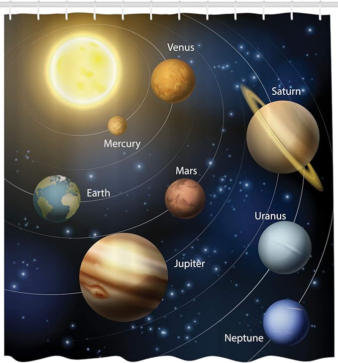 Ambesonne Science Shower Curtain, Realistic Illustration of Solar System Sun Planets Orbit Astronomy Outer Space, Cloth Fabric Bathroom Decor Set with Hooks, 69" W x 75" L, Dark Night Blue Brown