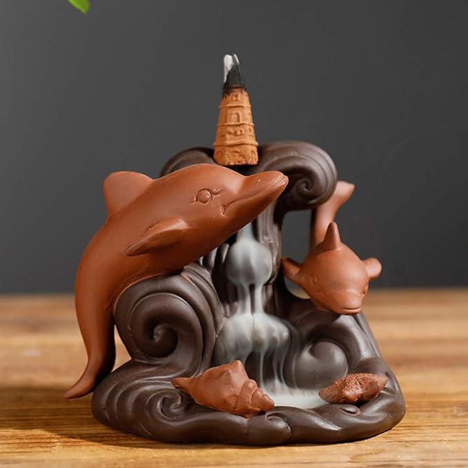 Backflow Incense Waterfall Burner, Cute Cone Holder Dolphin Decor Purple Clay Smoke Fountain Aromatherapy Ornamental with 10 Incense Cone Gift for Home Room Office Desk Indoor Meditation Yoga