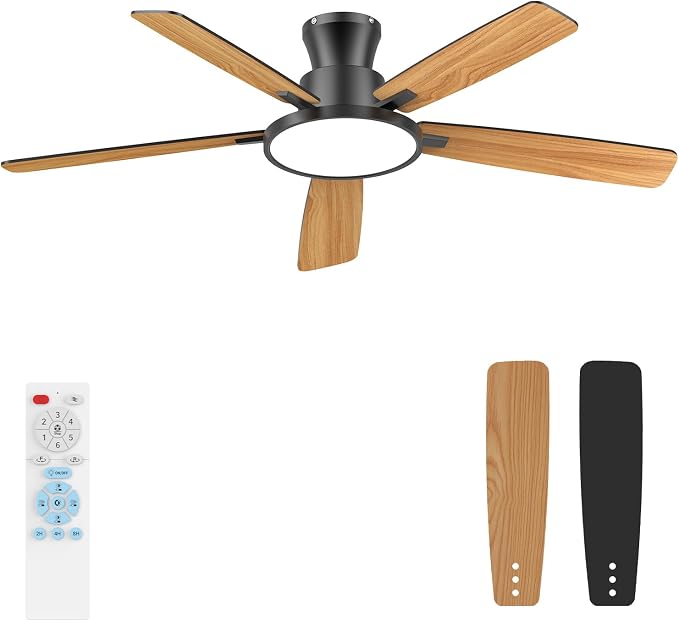Ceiling Fans with Lights,52 inch,Quiet,Reversible Motor,Dimmable, Adjustable Color Temperature,6 Speeds,Timer, Low Profile Ceiling Fan for Bedroom,Living Room,Indoor/Outdoor Use (Black)