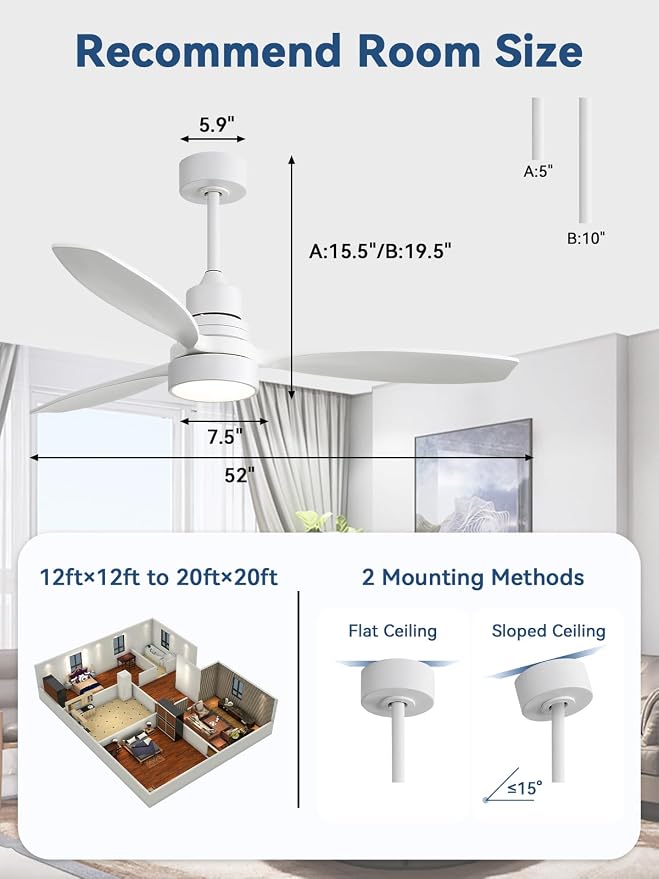 Sofucor 52 Inch Solid Wood Smart Ceiling Fans with Lights and Remote, Works with App/Alexa/Google, 6-Speed Outdoor Ceiling Fan with Light, 3 Blade Ceiling Fan, Quiet DC Motor for Living Room Patio