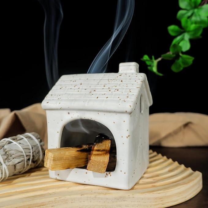 Mougigi White House Palo Santo Burner Holder-Mini Ceramic Chiminea with Stable Base, Perfect for Burning Sage and Incense Cones | Ideal for Zen Altar, Meditation, Yoga, Home Decor & Thoughtful Gifting