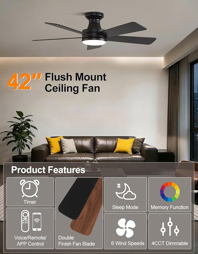42 inch RGB Ceiling Fan with Light, Voice & App & Remote Control Low Profile Flush Mount Ceiling Fan,6 Speeds Silent Motor, 4-Color Temperature Dimmable for Home Office Party, Black