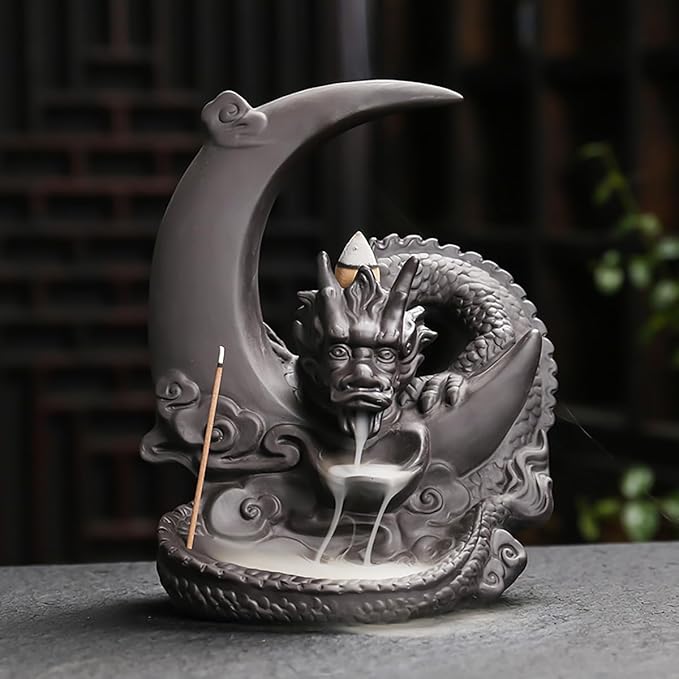 Moon Dragon Incense Burner - Ceramic Incense Waterfall Burner Dragon Smoke Fountain Incense Holder with Cones & Tweezer & Mat for Aromatherapy/Yoga/Home/Office Decor