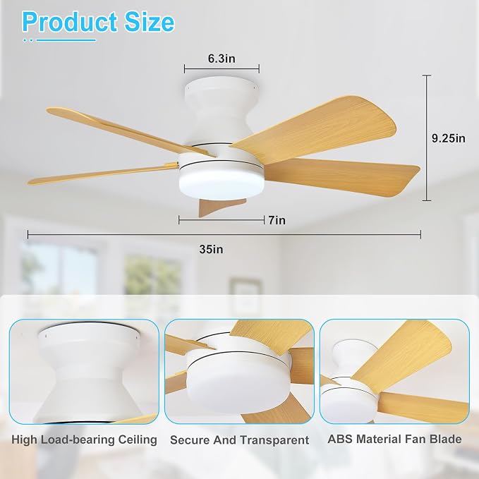 Depuley Modern Ceiling Fan with Light: 35-Inch White Small Fans for Bedroom Indoor Outdoor - Dimmable Low Profile Ceiling Fans with Remote Control Flush Mount 5 Reversible Wood Blades 6 Speeds Timer