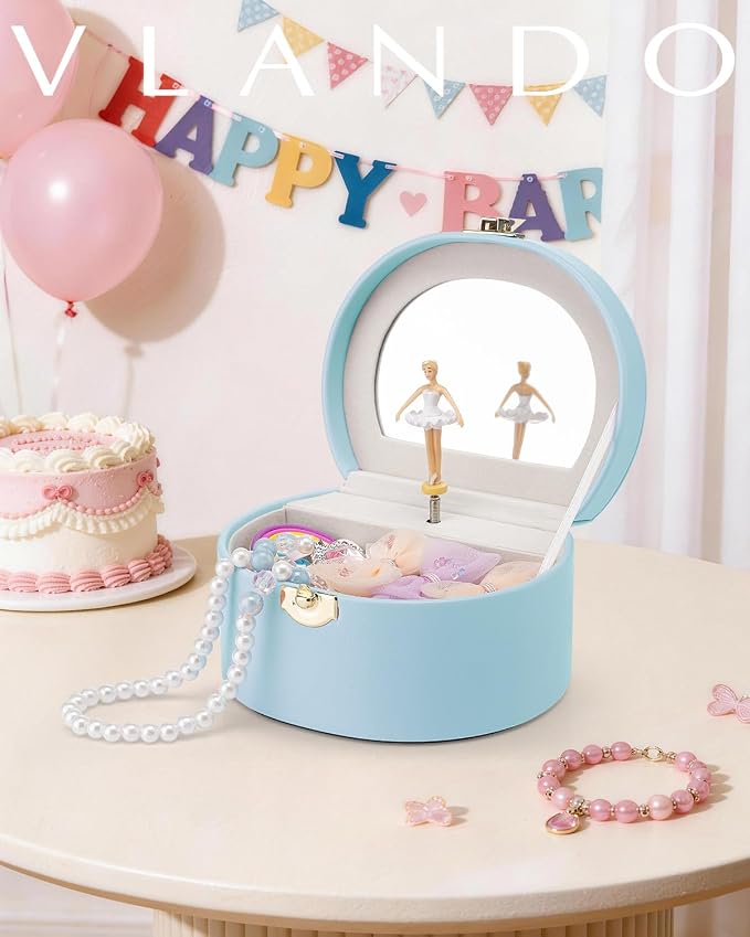 VLANDO Bithday Gift for Girl - Musical Jewelry Box for Girls, Small Kid Music Box with Ballerina for Party Bedroom Decor, Gifts for Girls Kids - Blue