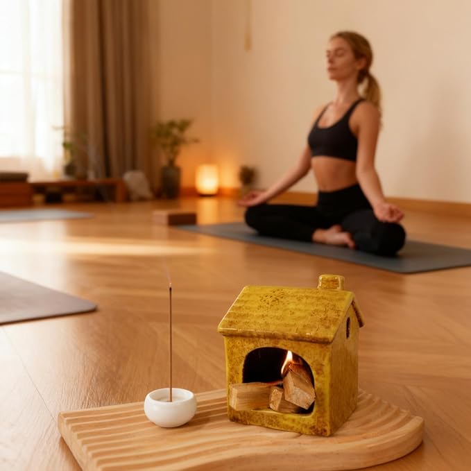 Mougigi Yellow House Palo Santo Burner Holder - Mini Ceramic Chiminea with Stable Base,Smudge Bowl for Burning Sage &Incense Cones-Perfect for Meditation,Yoga Spaces,Spiritual Altars,Home Decor& Gifts