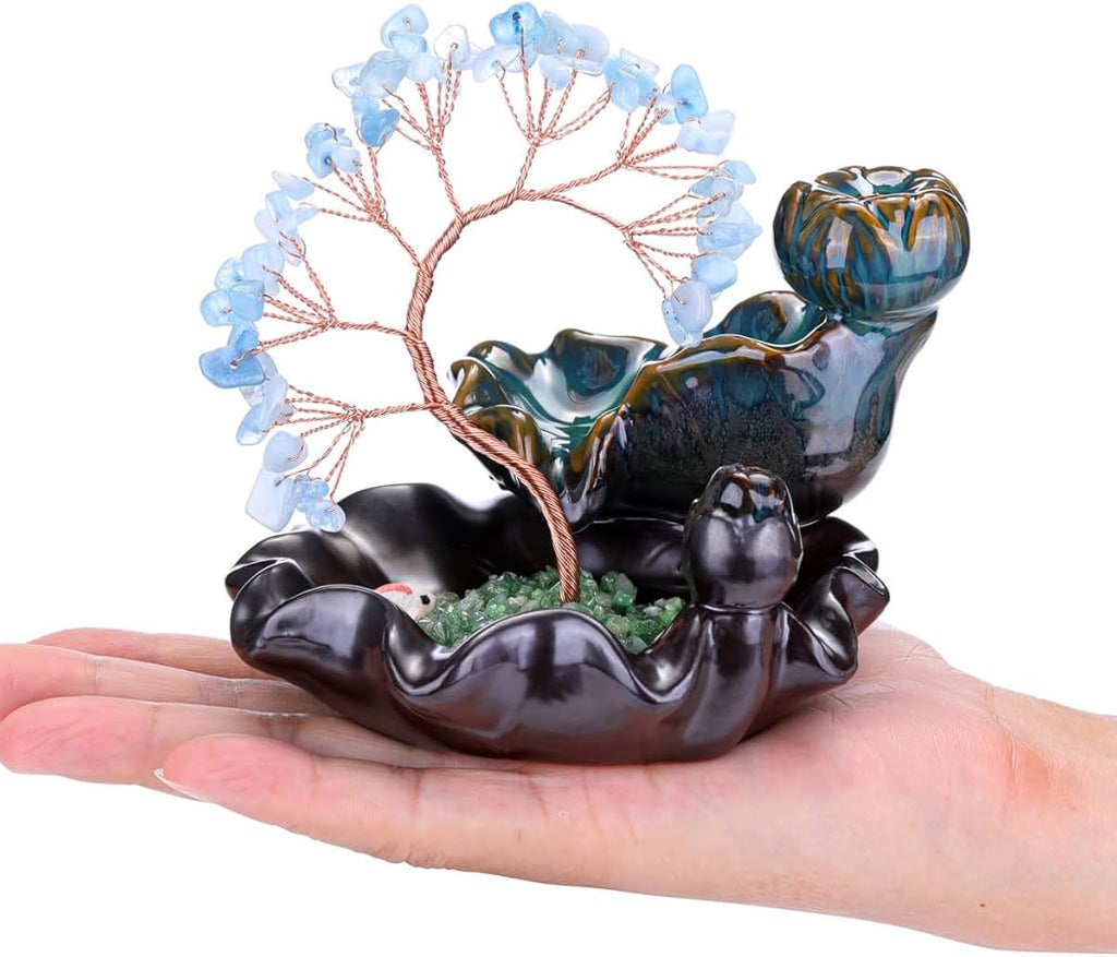 Jovivi Backflow Incense Burner Ceramic Incense Waterfall, Natural Aquamarine Healing Crystal Money Tree Incense Holder for Wealth, Good Luck, Yoga Meditation, Home Decor