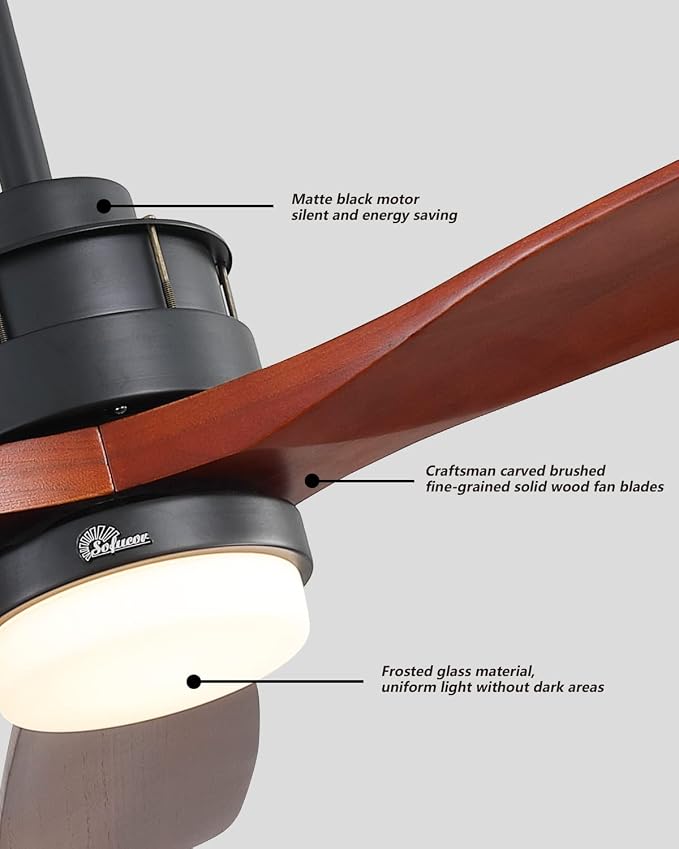 Sofucor Ceiling Fans With Lights, 60 Inch Solid Wood Ceiling Fan With Light Remote Control, Indoor/Outdoor Ceiling Fan with Reversible DC Motor, 6 Speed, 3 Blade Modern Ceiling Fans for Bedroom Patio