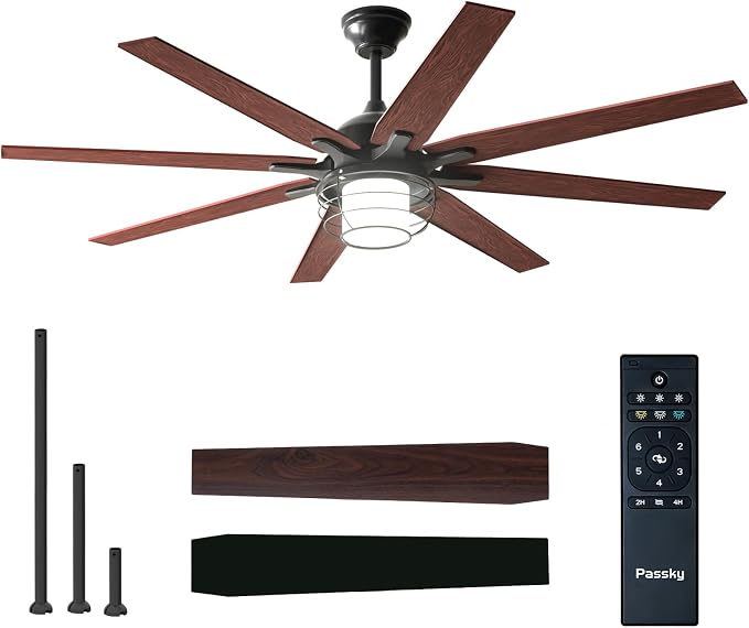 Passky Ceiling Fans with Lights, 66 inch Black Ceiling fan with Light and Remote Control, Reversible, Dimmable, 3CCT, Quiet, Caged Ceiling Fan for Farmhouse, Bedroom, Living Room, Indoor/Outdoor Use