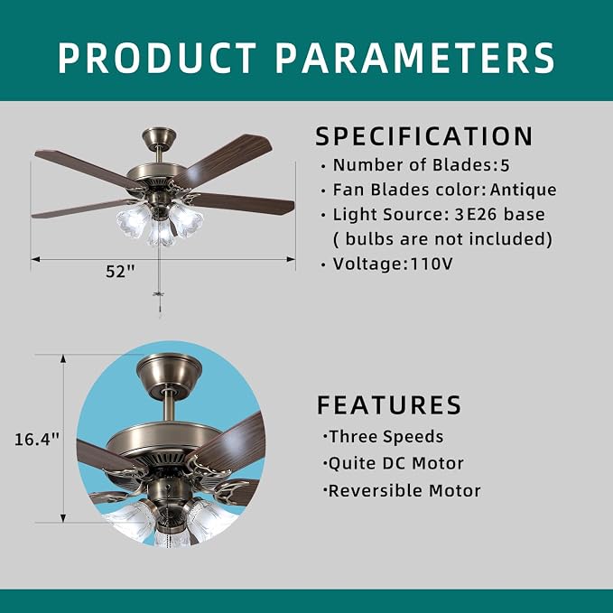 52 Inch Indoor Ceiling Fan with Pull-Chain and Three LED Light Bulbs Base, Traditional 3-Speeds Reversible Blades Ceiling Fan (Antique)