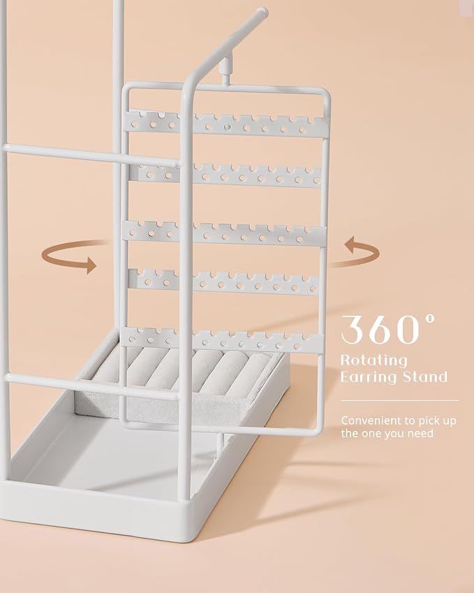 ProCase Jewelry Stand Holder Organizer and Storage, White (No-Assembly) | Rotating Earring Bracelet Holder Storage, Hanging Jewelry Display Velvet Ring Tray, Teen Girls Birthday Gifts Room Dorm Decor