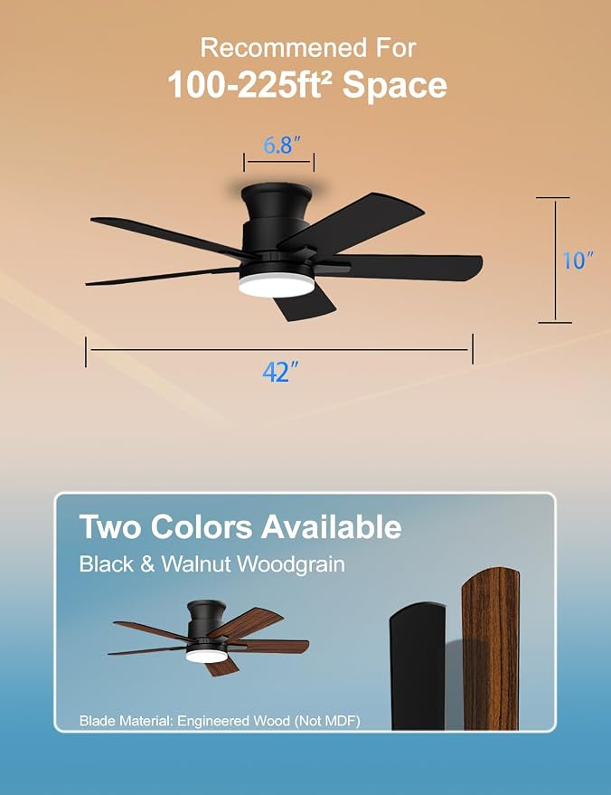 Flush Mount Ceiling Fans with Lights 42 Inch, Remote Control, 3CCT Dimmable, 6 Speeds, Noiseless Reversible DC Motor, Low Profile Hugger Black Ceiling Fan for Living Room, Patio, Indoor/Outdoor, ETL