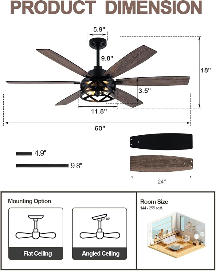 60 Inch Farmhouse Ceiling Fan with Light and Remote Black Rustic Ceiling Fan Quiet and Reversible DC Motor Caged Chandelier Fan for Living Room Bedroom
