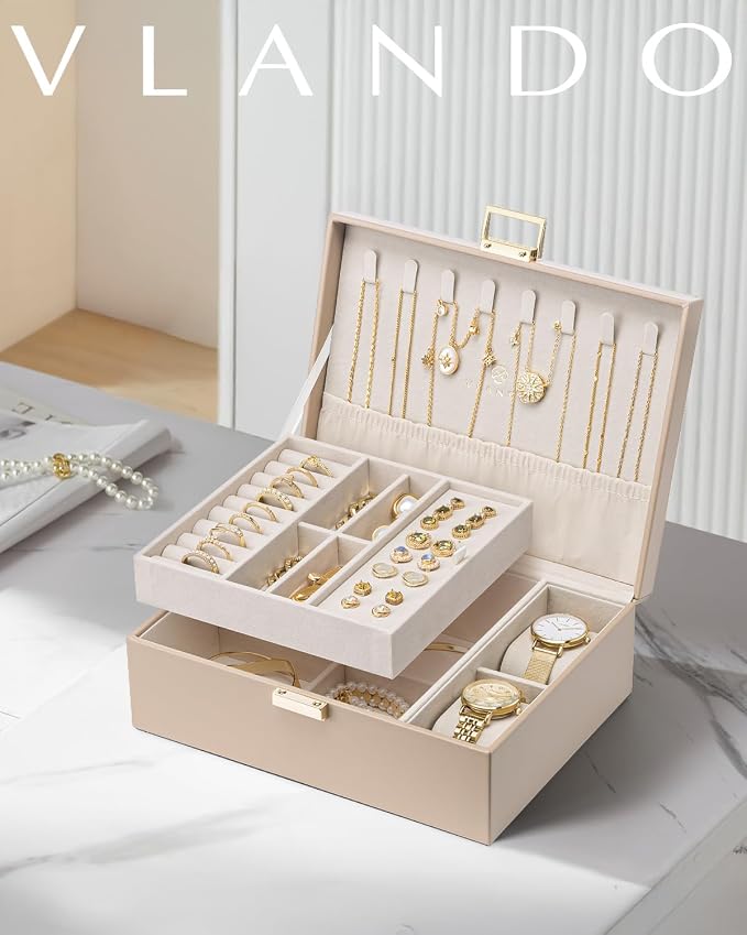 VLANDO Jewelry Organizer,2 Layer Jewelry Box Large Jewelry Organizer for Women Removable Jewelery Tray with Watch Pillow for Necklace Earrings Rings Bracelets (Toffee)