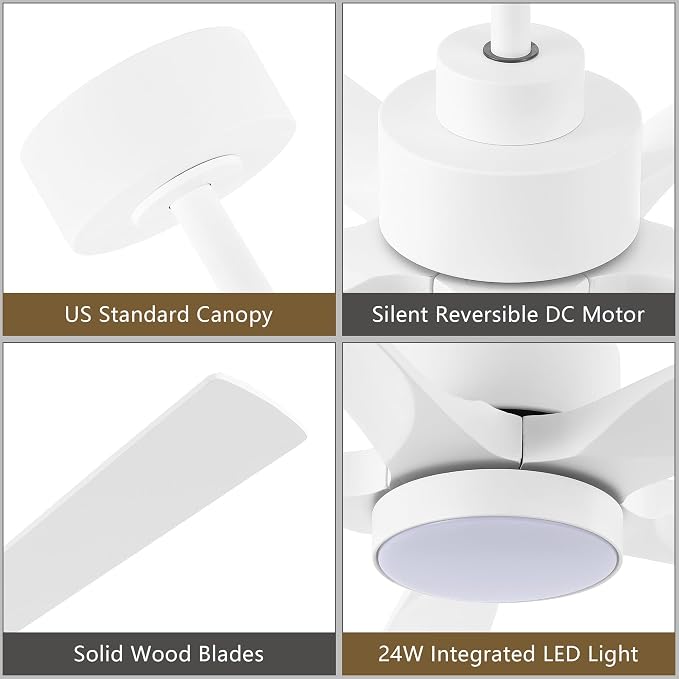 ELEHINSER 60" Modern Ceiling Fan with Lights and Remote Control, 5 Solid Wood Blades 6-Speed Noiseless Reversible DC Motor, Ceiling Fan for Bedroom Dinning Living Room, White