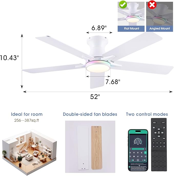 52"White Modern Low Profile RGB Ceiling Fans with Lights and Remote/APP | 14 RGB Modes,Supports Remote and APP,6 Wind Speeds, Reversible, Dimmable 3 CCT LED, 30W DC Motor,Suits for Bedroom Kidsroom
