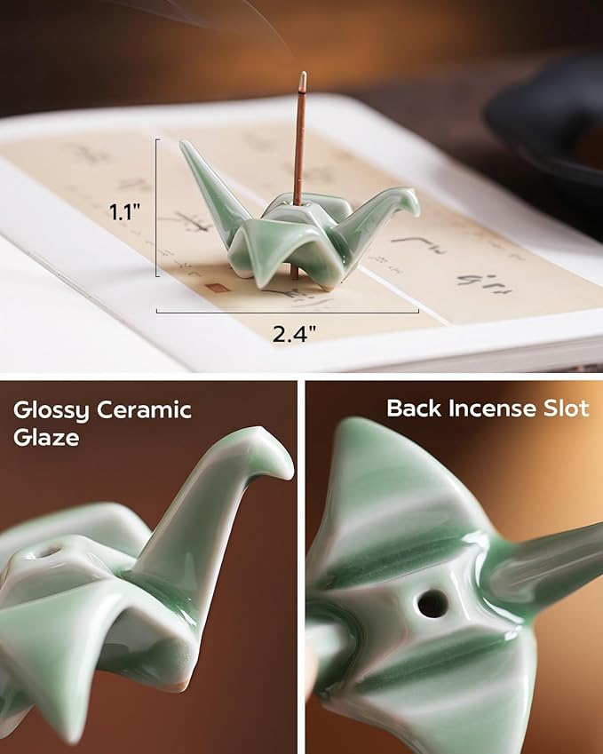Japanese Origami Crane Incense Stick Holder - Handmade Ceramic Zen Desk Decor for Home, Office, Meditation & Yoga Space