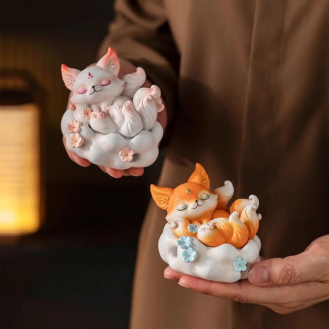 Cute Nine-Tailed Fox Decorative Incense Holder, Resin Sleeping Fox Figurine Cone Coil Incense Burner with Lid, Ash Catcher for Yoga Meditation Spa Home Office Aromatherapy Decor (White)