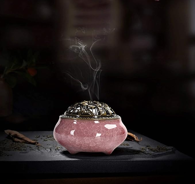 Ceramic Incense Burner with Calabash Incense Holder, 3 in 1 Stick or Cone Coil Incense Burner, Brass Lid for Yoga Spa Meditation