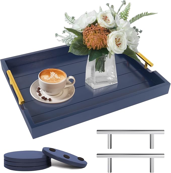 SXNOWS Wooden Serving Tray with 2 Sets of Handles,Navy Blue | Rectangle 16.5x13 Inch Ottoman Decorative Tray for Coffee Table Kitchen Bar Living Room Breakfast in Bed, 4 Coasters Included