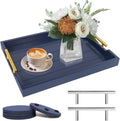SXNOWS Wooden Serving Tray with 2 Sets of Handles,Navy Blue | Rectangle 16.5x13 Inch Ottoman Decorative Tray for Coffee Table Kitchen Bar Living Room Breakfast in Bed, 4 Coasters Included
