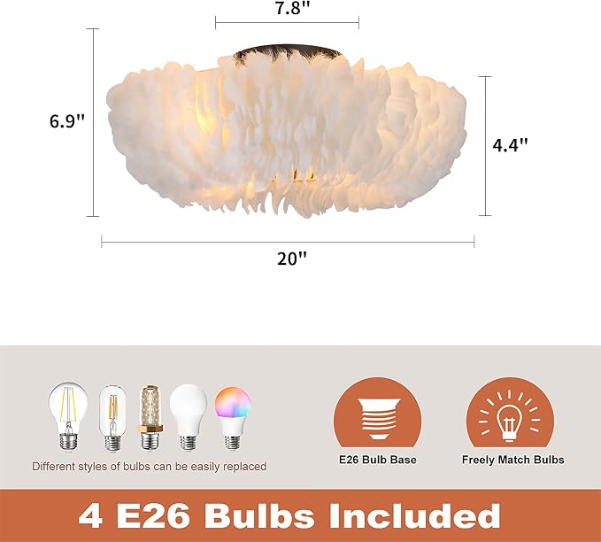 20" Modern Ceiling Fans with Lights and Remote Control，White Feather Chandeliers Stylish Low Profile Ceiling Fan for Bedroom, Living Room and Small Spaces,Featuring Reversible Motor, 6 Speeds