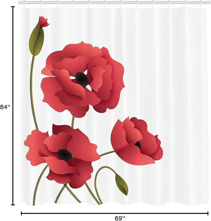Ambesonne Floral Shower Curtain, Poppy Flowers Vivid Petals Buds Pastoral Purity Mother Earth Nature Design, Cloth Fabric Bathroom Decor Set with Hooks, 69" W x 84" L, Dark Pink