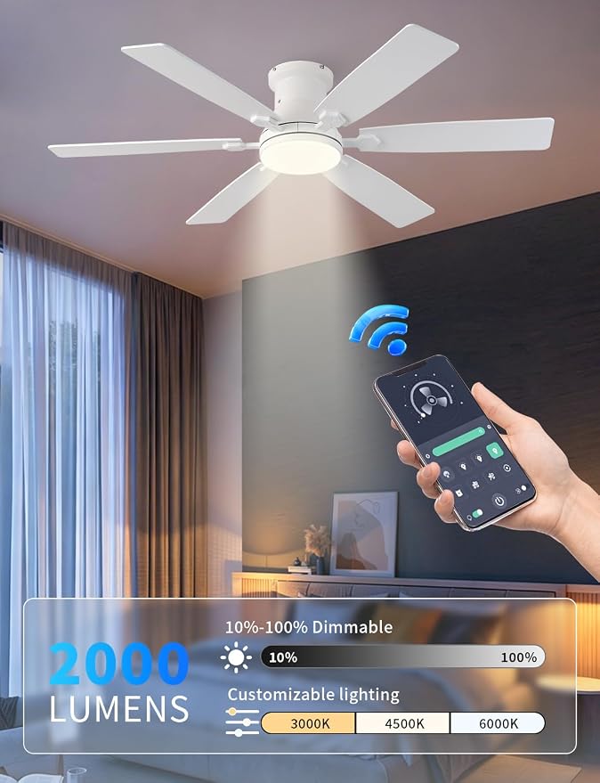 52inch Low Profile Ceiling Fan with Light and Remote/APP Control, LED Dimmable DC ReversibleModern, Flush Mount,6 Blade,White Ceiling Fan for Bedroom Living Room/Outdoor Use
