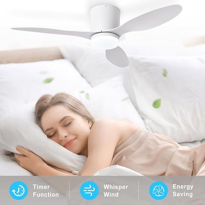Depuley Flush Mount Ceiling Fan: 42-Inch White Ceiling Fans with Lights for Bedroom Indoor Outdoor - Low Profile Ceiling Fans with Remote Control 24W 3CCT Dimmable 3 Reversible White Blades 6 Speeds