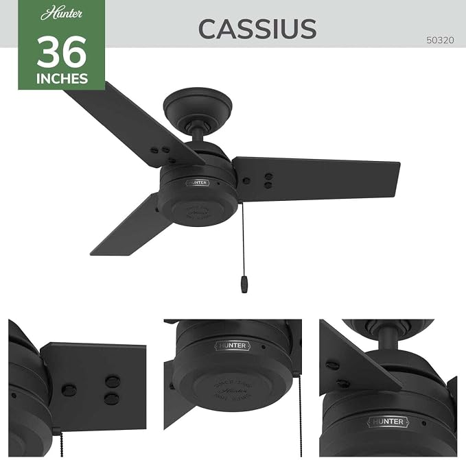 Hunter 36" Cassius Indoor/Outdoor Ceiling Fan, Pull Chain, Matte Black | Covered patios and porches get a no-light design, droop-free blades, compact scale, and easy setup for small spaces.