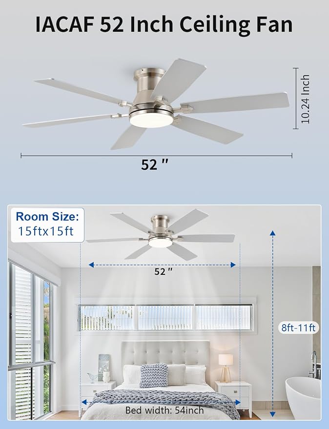 52inch Low Profile Ceiling Fan with Light and Remote/APP Control, LED Dimmable DC ReversibleModern, Flush Mount,6 Blade,Nickel Ceiling Fan for Bedroom Living Room/Outdoor Use