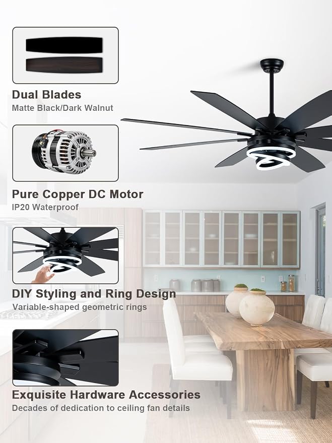 Bella Depot 72 Inch Black Ceiling Fan Modern Chandelier Fan with Remote Control, 6-Speed, Reversible, Timing Option - Ideal for Large Living Room, Garage, and Covered Patio