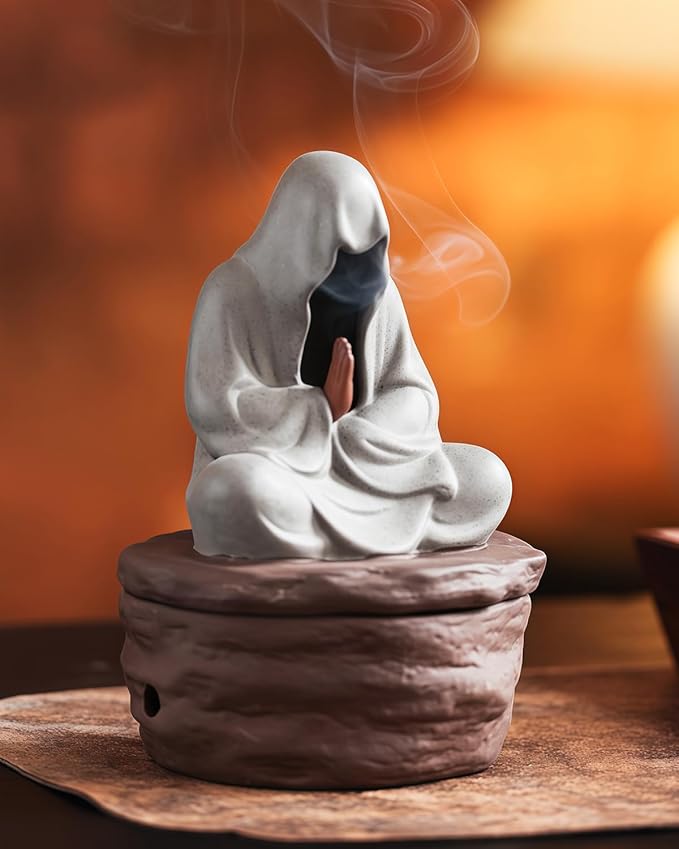 Ceramic Incense Burner for Cone & Coil – Faceless Buddha Statue for Protection & Zen Meditation, Home Decor to Ward Off Negativity, Grey